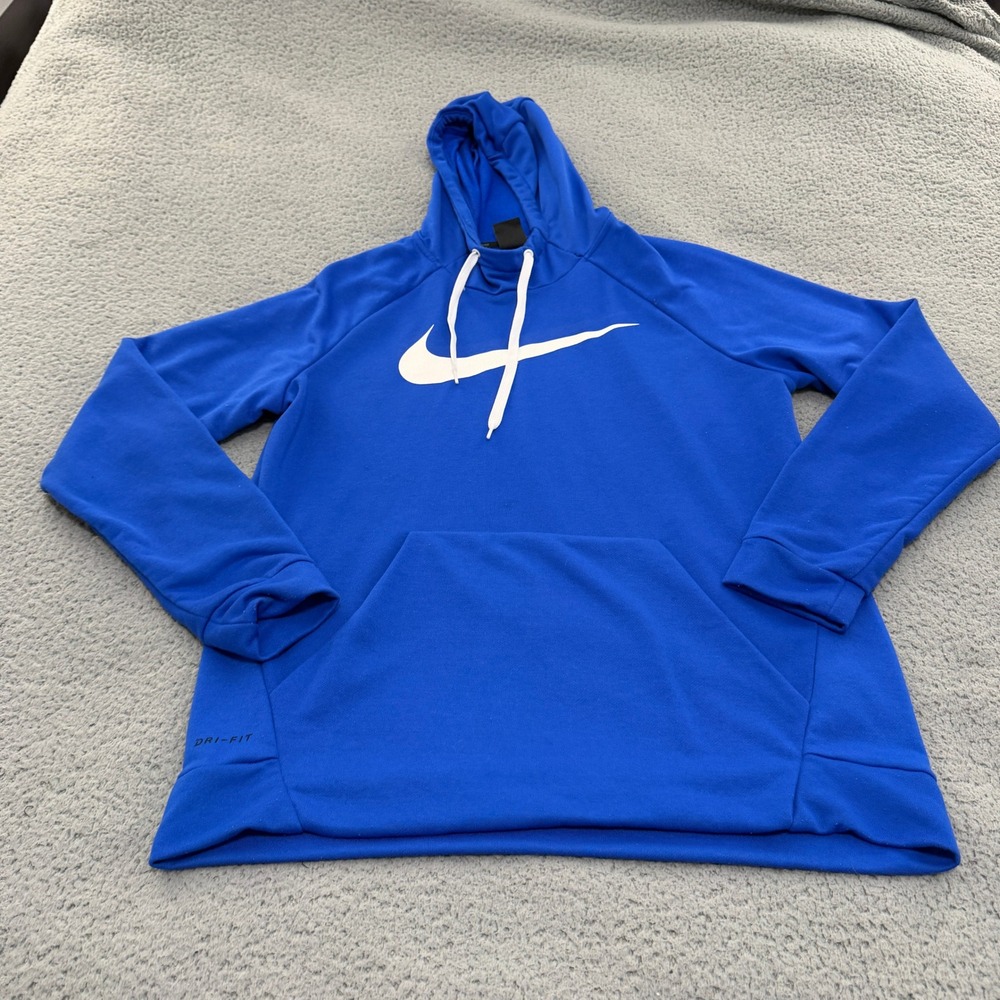 Nike Hoodie Dri-FIT Mens Large Royal Blue Oversized Swoosh Pullover Sweatshirt